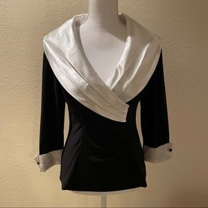 Adrianna Papell White Silk Collar Black Blouse